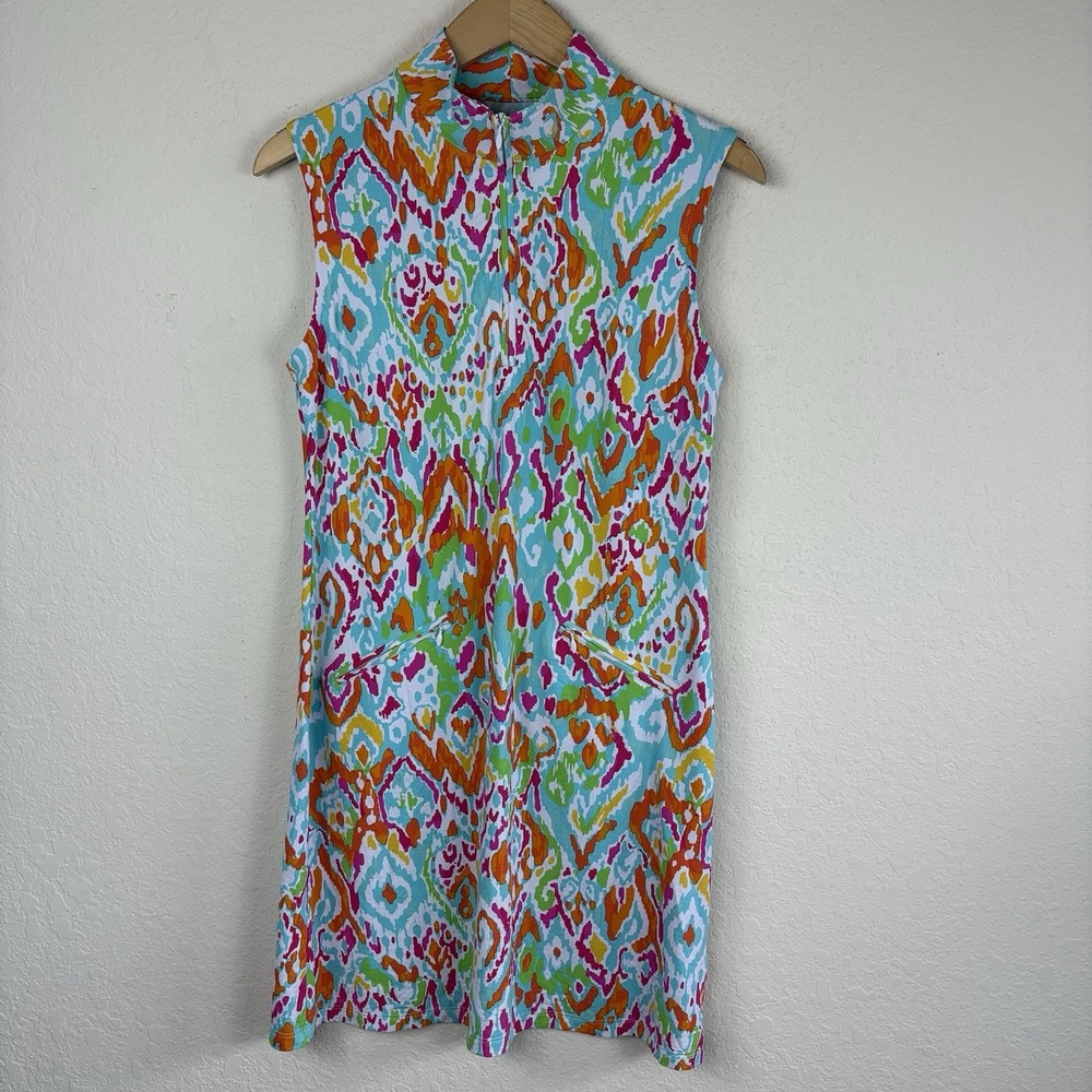 IBKUL Sleeveless Dress Size M Mock Zip Neck UPF 50 Polo Golf Tennis Colorful